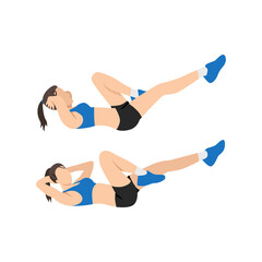 Wall Mural - Woman doing Bicycles. Elbow to knee crunches. Cross body crunches exercise. Flat vector illustration isolated on white background