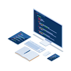 Aufkleber - Isometric Computer Code on Monitor Smartphone and Tablet Developing Cross Platform Website