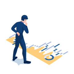 Poster - Isometric Businessman Looking at Financial Graph and Thinking
