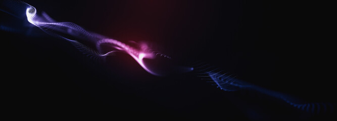 Abstract colorful digital particles wave with bokeh and light background, 3d render wave line dot background, line wave light glowing effect particular background.