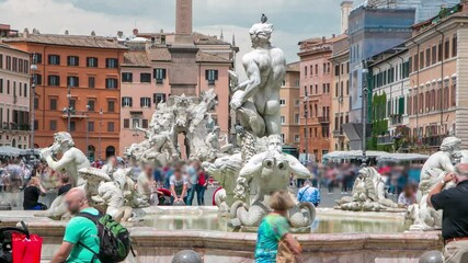 Sticker - The fountain of Neptune on Navona square timelapse in Rome, Italy.