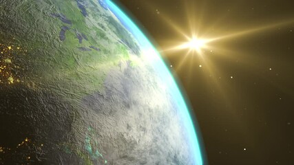 Wall Mural - sunrise and shadow on the earth rotate in space with star in universe. world realistic atmosphere 3d