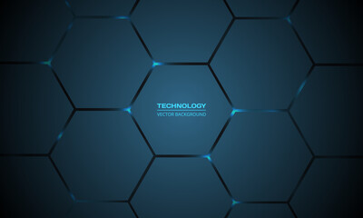 Dark blue hexagonal technology vector abstract background. Blue bright energy flashes under hexagon in modern technology futuristic background vector illustration. Dark blue honeycomb texture grid.