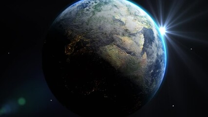 Wall Mural - sunrise and shadow on the earth rotate in space with star in universe. world realistic atmosphere 3d