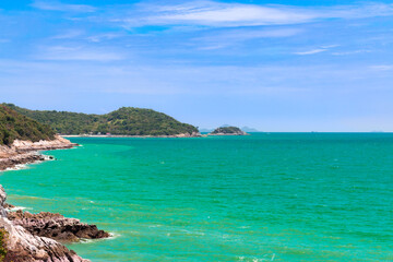 Landscape of Seascape at Koh sichang is a tropical island with emerald green water and beautiful beaches in the clear blue sky.