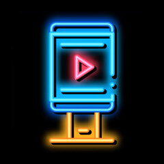 Poster - video advertising on phone neon light sign vector. Glowing bright icon video advertising on phone sign. transparent symbol illustration