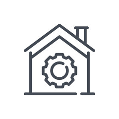 Sticker - House with gear line icon. Settings and preferences of smart home vector outline sign.