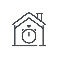 Poster - House with stopwatch line icon. Smart home time management vector outline sign.