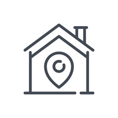 Poster - House with location pin line icon. Smart home placement vector outline sign.