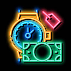 Poster - hand over wristwatch for money to pawnshop neon light sign vector. Glowing bright icon hand over wristwatch for money to pawnshop sign. transparent symbol illustration