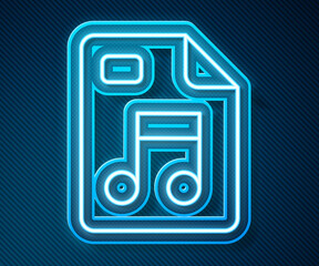 Aufkleber - Glowing neon line MP3 file document. Download mp3 button icon isolated on blue background. Mp3 music format sign. MP3 file symbol. Vector