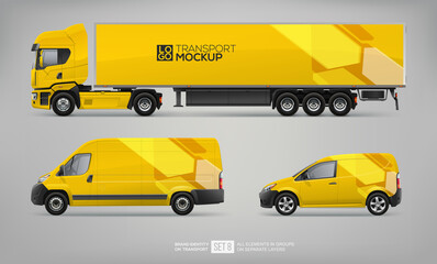 Mockup Set of Delivery Truck Trailer, Cargo Van, Service Car vector template. Abstract yellow graphics for transport Brand identity and Advertising. Set of delivery service Transport