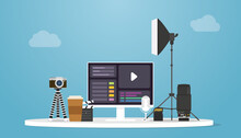 Video Production Concept With Camera And Tools Product With Modern Flat Style