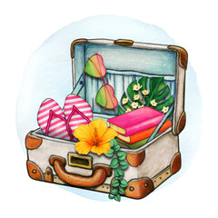 Watercolor open suitcase full of travel objects