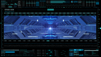 Aufkleber - Blue Spaceship Interior Tunnel Flying Through with HUD Security Mission Check in Cyerspace Illustration Background