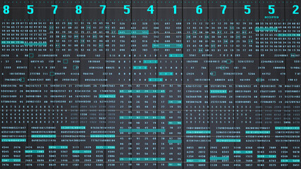 Aufkleber - Digital Decimal Number Data Encoder Statistics Random Algorithm Simulation Concept. Virtual Reality Black Cubic 3D Rendering Background..