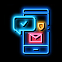 Poster - mobile data protection neon light sign vector. Glowing bright icon mobile data protection sign. transparent symbol illustration
