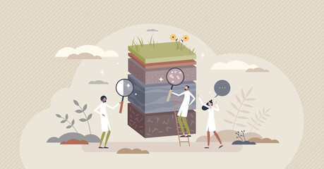 Soil analysis and earth pollution or structure control tiny person concept. Nutrients and microorganism composition research with ground layer structure sample in microscopic zoom vector illustration.