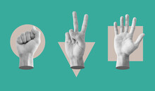 Digital Collage Modern Art. Rock, Scissor And Paper Hand Sign, With Conflict Geometry