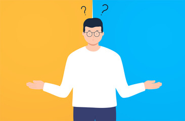 Thinking and choice, thoughtfulness and problem solving. Man chooses between two options.