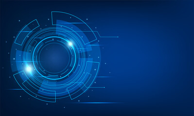 Fototapete - Digital innovative technology blue background with high-tech circle and light. Concept of communications with connected lines, big data.
