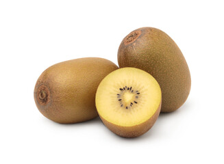 Wall Mural - Golden kiwi whole and half isolated on white background, cutout.