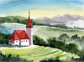 Watercolor illustration of a cottage with a red roof and a turret on a sun-drenched green hill surrounded by trees, distant fields and mountains in the background