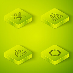 Set Isometric line Babel tower bible story, Ark of noah, Crown thorns and Crusade icon. Vector