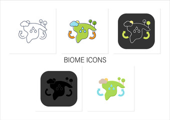 Wall Mural - Biome icons set. Collection of plants and animals that have common characteristics for the environment.Collection of icons in linear, filled, color styles.Isolated vector illustrations