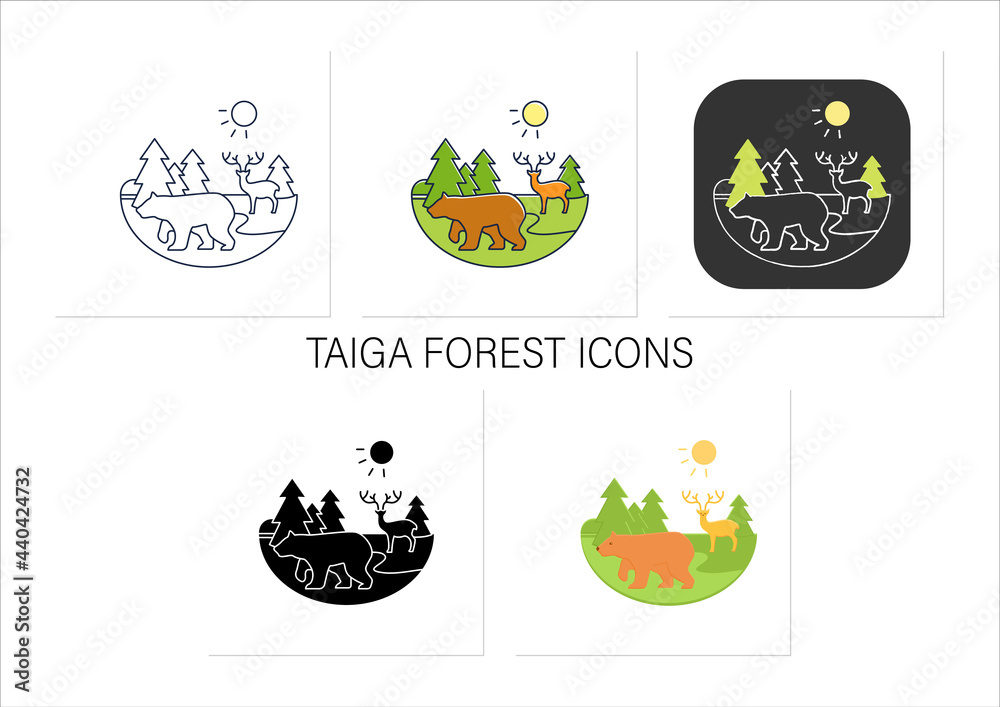Vector de Stock Taiga forest icons set. Boreal forest or coniferous ...