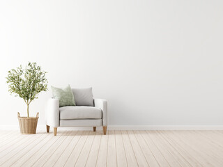 Poster - Traditional living room interior mockup with grey armchair and green pillow standing by olive tree in wicker basket on empty white wall background. 3d rendering, illustration