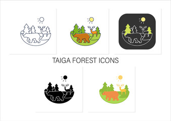 Wall Mural - Taiga forest icons set. Boreal forest or coniferous forest. Living place for wild animals. Winter forest landscape.Collection of icons in linear, filled, color styles.Isolated vector illustrations