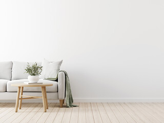 Poster - Traditional living room interior mockup with grey sofa, green throw, pillow and wooden  coffee table with olive twigs in vase on empty white wall background. 3d rendering, illustration