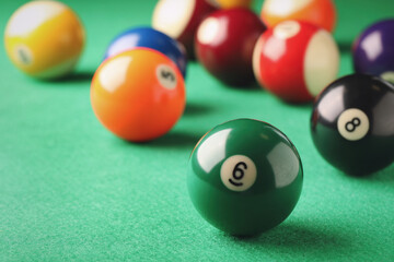 Poster - Billiard ball with number 6 on green table, closeup. Space for text