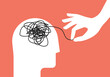 Psychologic therapy session concept with human head silhouette and helping hand unravels the tangle of messy thoughts with mental disorder, anxiety and confusion mind or stress. Vector illustration
