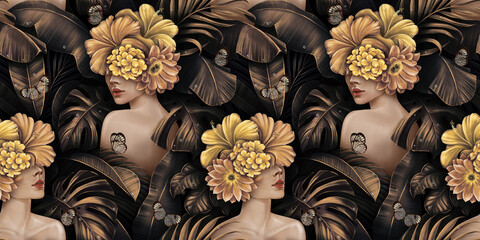 tropical exotic golden seamless pattern. beautiful women, hibiscus flowers bouquets, plumeria, monst