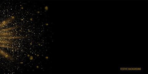 Wall Mural - Golden glitter and sparkles in light rays background. Yellow lines in shiny light horizontal vector illustration. Bright dust sparkling on black wallpaper design. Christmas or holiday card decoration