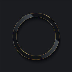 Wall Mural - Black glass circle with golden frame line on dark background. Round electric frame. Geometric fashion design vector illustration. Empty minimal ring, abstract art decoration