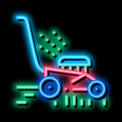 Poster - lawn mower machine neon light sign vector. Glowing bright icon lawn mower machine sign. transparent symbol illustration