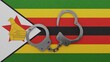 A half opened steel handcuff in center on top of the national flag of Zimbabwe