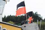 Fototapeta Londyn - Fishermen in Poland mark fishing places by flags.