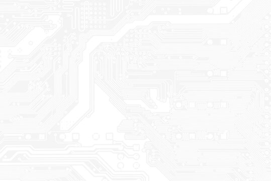 White texture background of printed circuit board. Computer technology background. Information tech. Space for text. Gray scale pcb background.