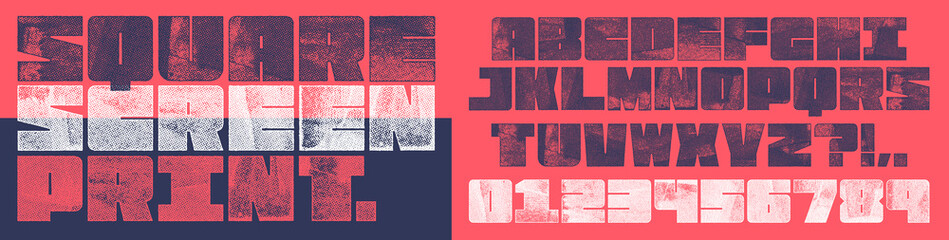 Screen Print Square Font. Works well at small sizes. Detailed individually textured characters with an eroded halftone, screen print texture. Unique design font