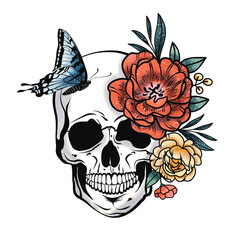 Wall Mural - Human skull with flowers and butterfly. Retro style. Grunge effect. Print for t-shirt.