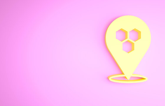 Yellow Honeycomb bee location map pin pointer icon isolated on pink background. Farm animal map pointer. Minimalism concept. 3d illustration 3D render