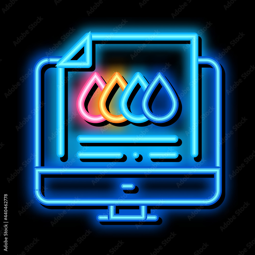 Neon Sign Computer Labels printed sheet in computer neon light sign vector. Glowing bright icon ...