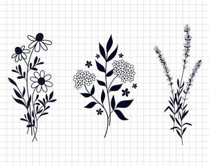 Wildflowers bouquets simple design. Minimal summer spring decoration. Silhouette vector flat illustration. Cutting file. Suitable for cutting software. Cricut, Silhouette
