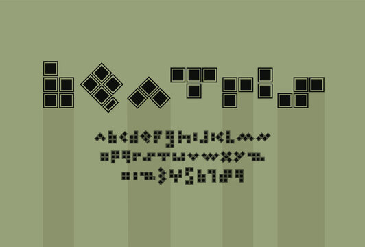 Retro black font, trendy game alphabet, bold Latin letters and Arab numbers made in mosaic old style, vector illustration 10eps