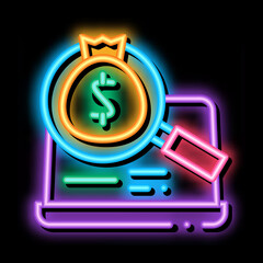 Poster - detection of money in computer neon light sign vector. Glowing bright icon detection of money in computer sign. transparent symbol illustration