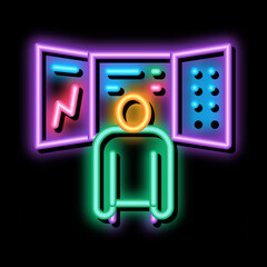 Poster - promotion board and observing person neon light sign vector. Glowing bright icon promotion board and observing person sign. transparent symbol illustration